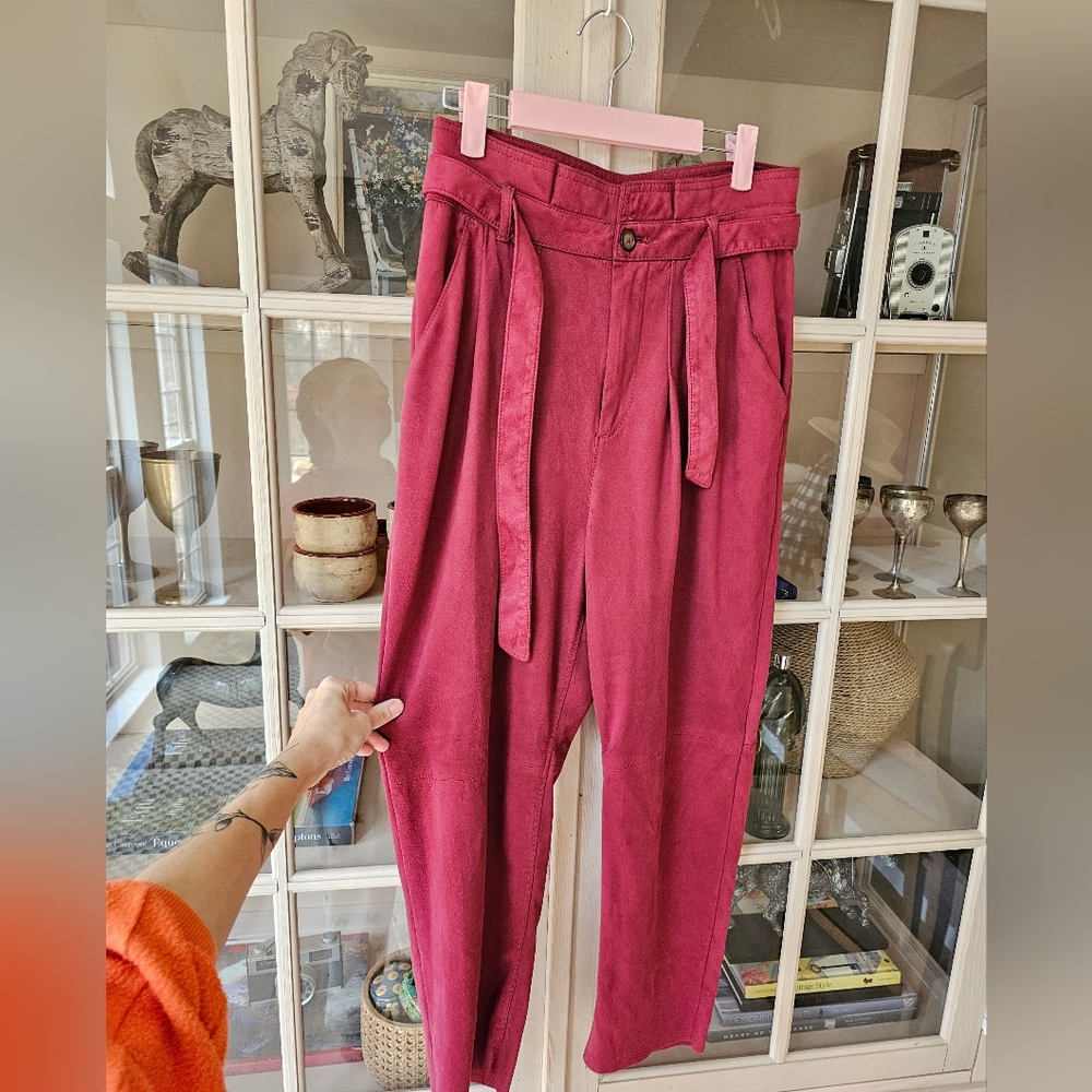 $128 Free People Nightfall Paper Bag Pants Trousers Queen Pomegranate - Picture 3 of 12